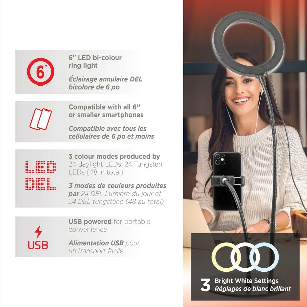National Mobifoto Mobilite 6-in LED Ring Light With Desk Tripod & Phone Holder 4 National Mobifoto Mobilite 6-in LED Ring Light With Desk Tripod & Phone Holder - Image 4